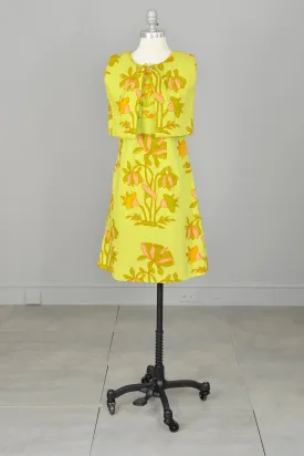 1960s Chartreuse Op Art Tropical Floral Print A-Line Mini Dress and Quilted Cropped Vest | Design Thai Bangkok | 1960s Mini Dress