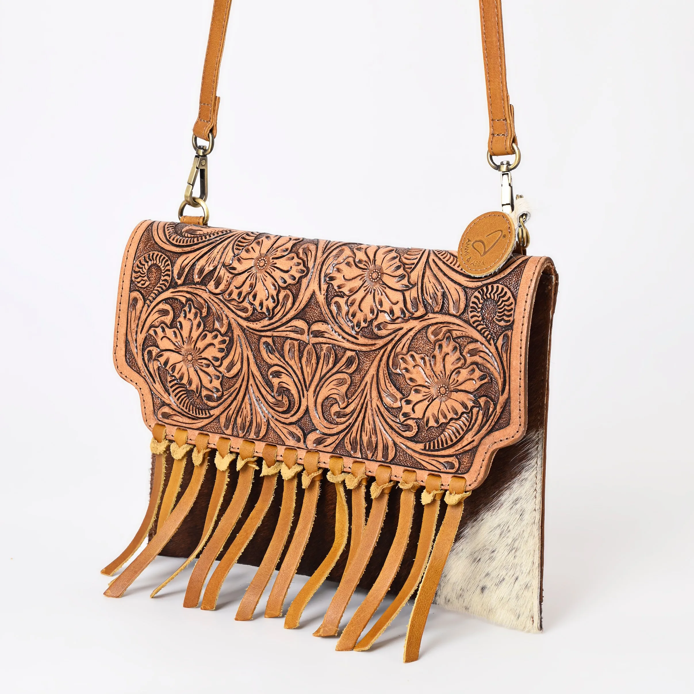 A&A-844A  Montana West Hand Tooled 100% Genuine Leather Hair On Cowhide  Fringe Crossbody