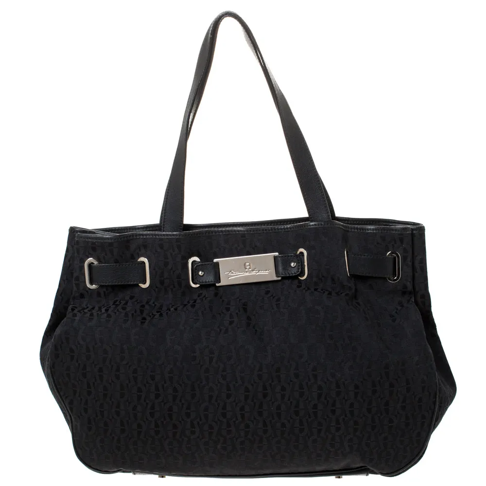 AIGNER Black Signature Canvas and Leather Tote