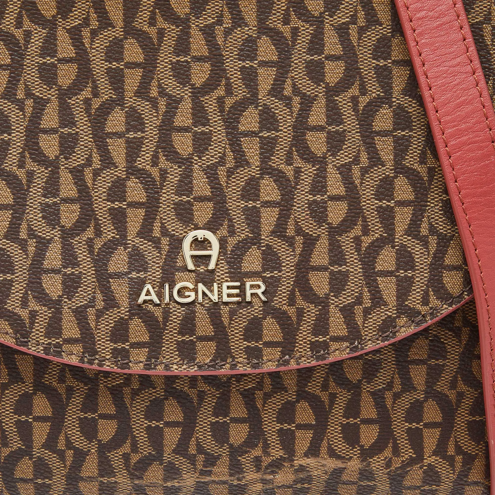 AIGNER Brown/Red Signature Coated Canvas and Leather Crossbody Bag