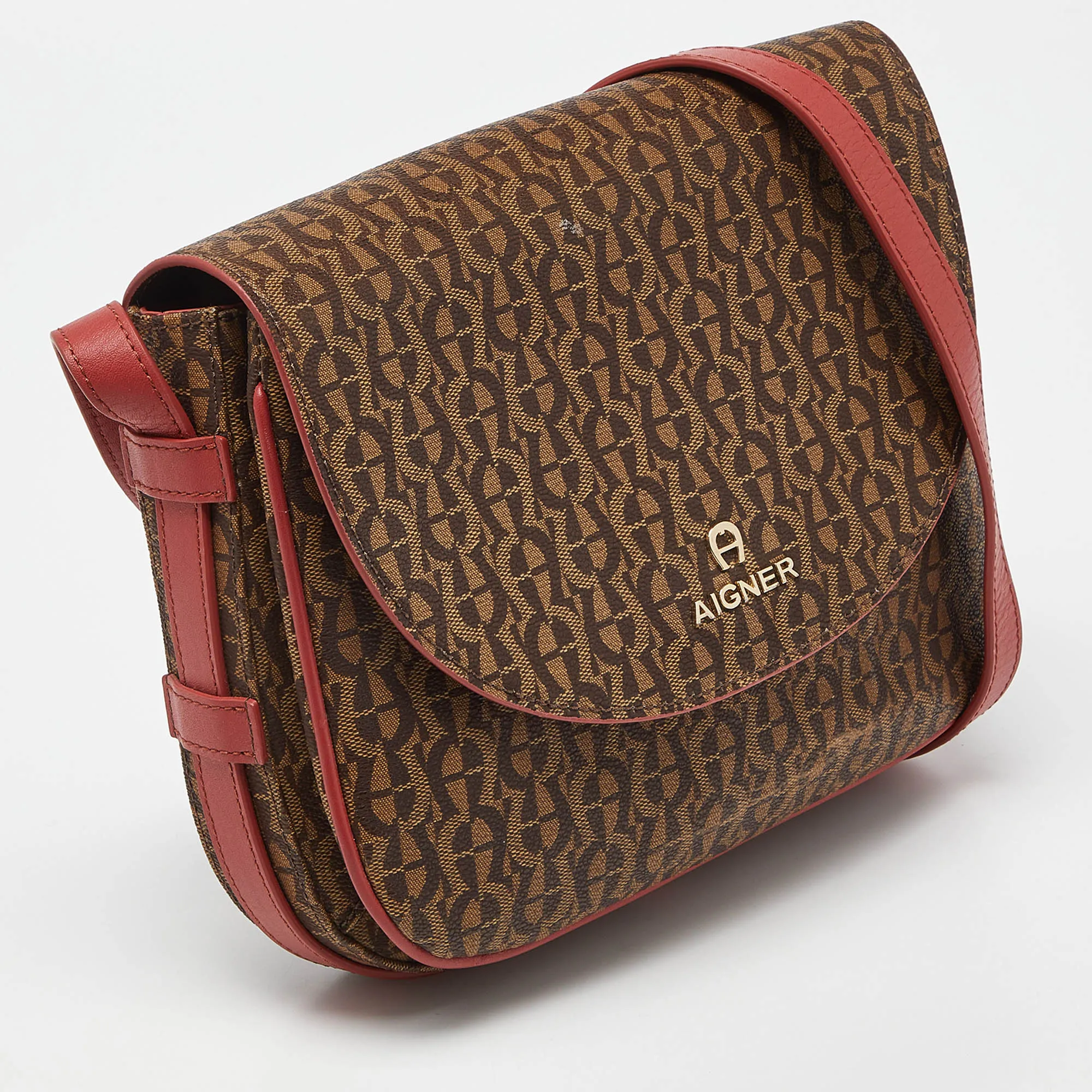 AIGNER Brown/Red Signature Coated Canvas and Leather Crossbody Bag