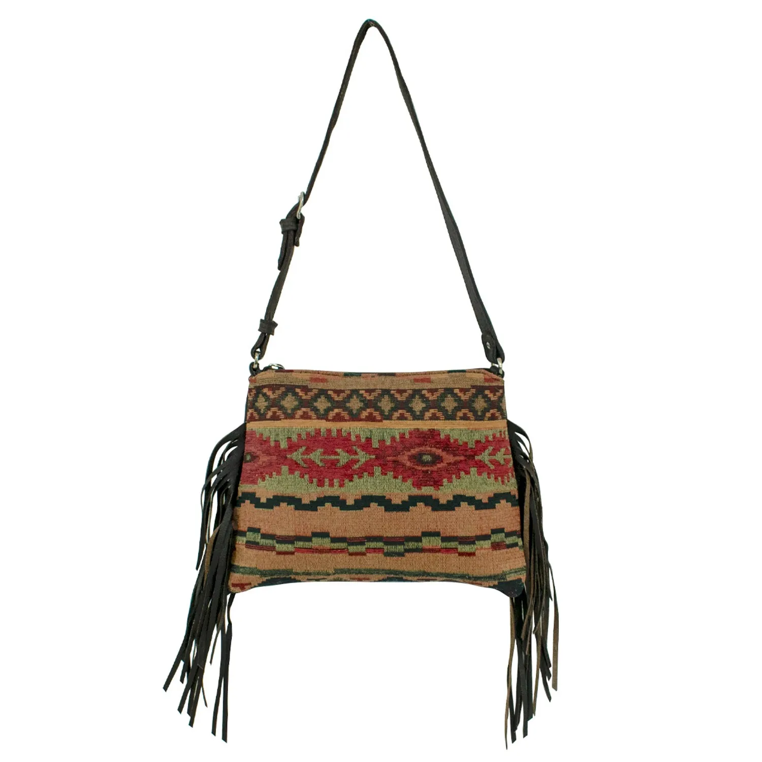 American West Womens Woven Tapestry Zip Top Multi-Color Leather Handbag Bag