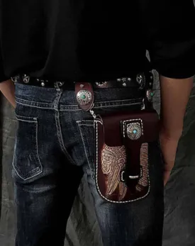 Black Badass Mens Indian Tooled Leather Waist Bag Side Bag Coffee Belt Pouch Belt Bag for Men