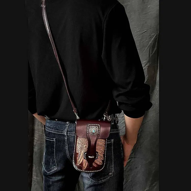 Black Badass Mens Indian Tooled Leather Waist Bag Side Bag Coffee Belt Pouch Belt Bag for Men