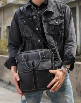 Black Casual Leather Mens 10 inches Vertical Briefcase Side Bags Postman Bag Black Work Bag Courier Bag for Men