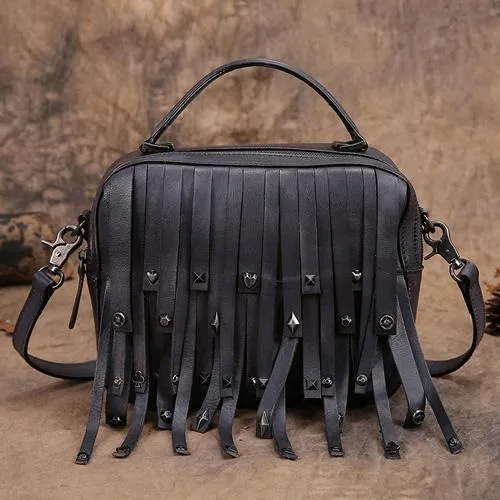 Black Gray Vintage Womens Leather Purse Tassel Handbag Red Shoulder Bag Crossbody Purses for Ladies