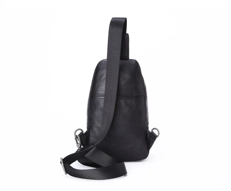 Black Leather Men's 8-inch One shoulder Backpack Sling Bag Black Chest Bag Sports Bag For Men