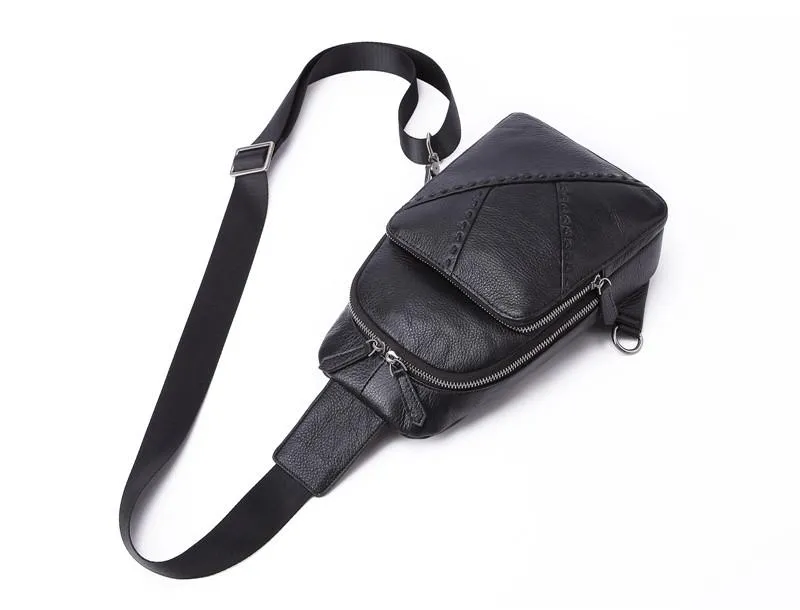 Black Leather Men's 8-inch One shoulder Backpack Sling Bag Black Chest Bag Sports Bag For Men