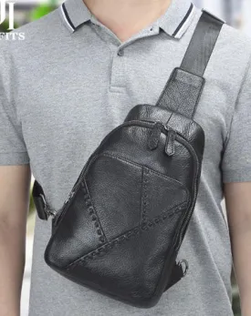 Black Leather Men's 8-inch One shoulder Backpack Sling Bag Black Chest Bag Sports Bag For Men