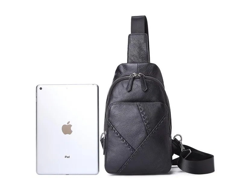 Black Leather Men's 8-inch One shoulder Backpack Sling Bag Black Chest Bag Sports Bag For Men