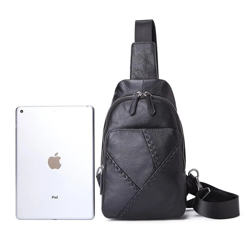 Black Leather Men's 8-inch One shoulder Backpack Sling Bag Black Chest Bag Sports Bag For Men