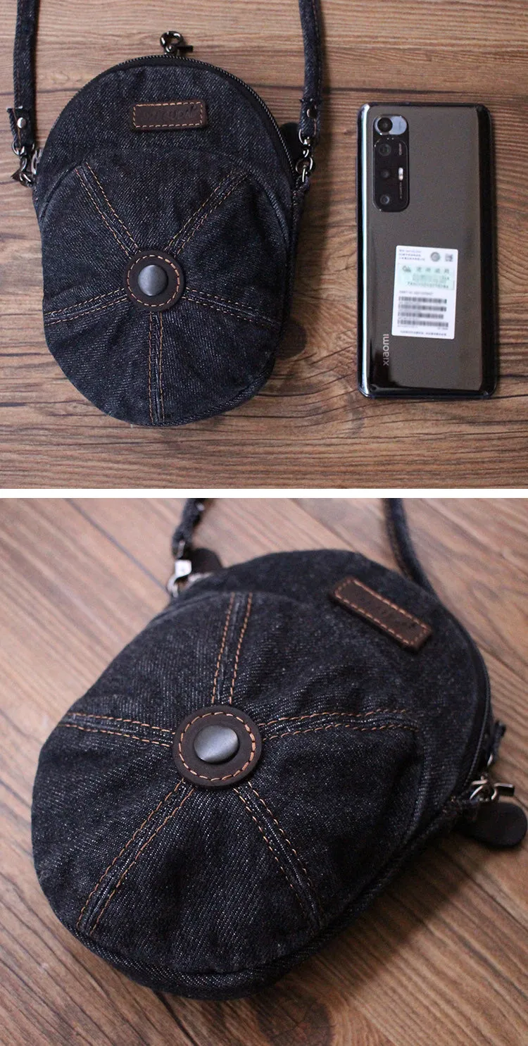 Black Unique Denim Cap Mini Shoulder Bags Belt Pouch Denim Cap Phone Crossbody Bag Women