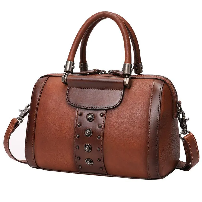 Black Vintage Womens Leather Boston Handbag Purse Brown Side Bag Boston Purse for Ladies