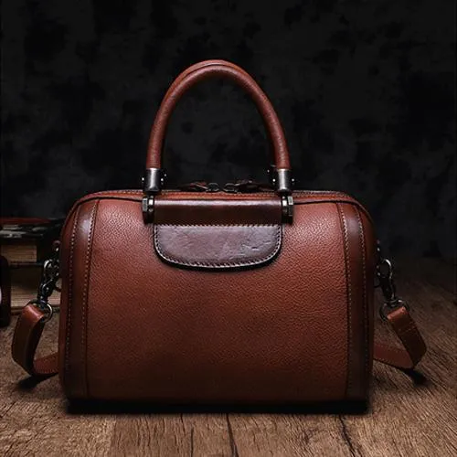 Black Vintage Womens Leather Boston Handbag Purse Brown Side Bag Boston Purse for Ladies