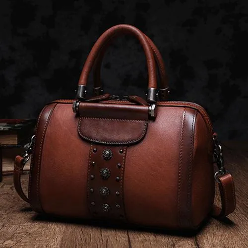 Black Vintage Womens Leather Boston Handbag Purse Brown Side Bag Boston Purse for Ladies