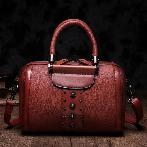 Black Vintage Womens Leather Boston Handbag Purse Brown Side Bag Boston Purse for Ladies