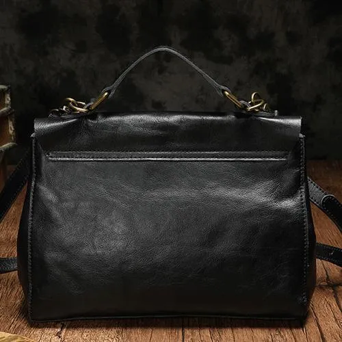 Black WOmens Leather Handbag Vintage Side Bag Brown Shoulder Bag for Ladies