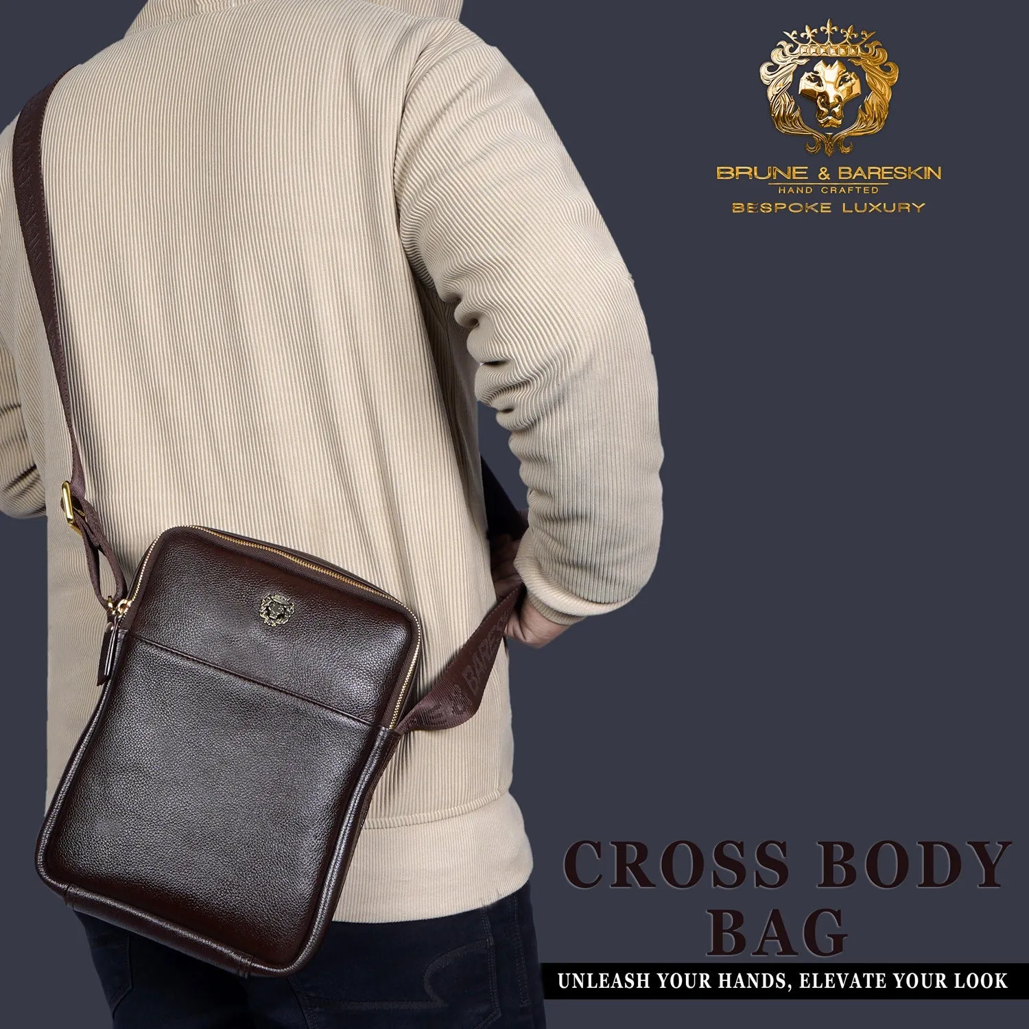 Cross-Body City Bag in Textured Dark Brown Leather