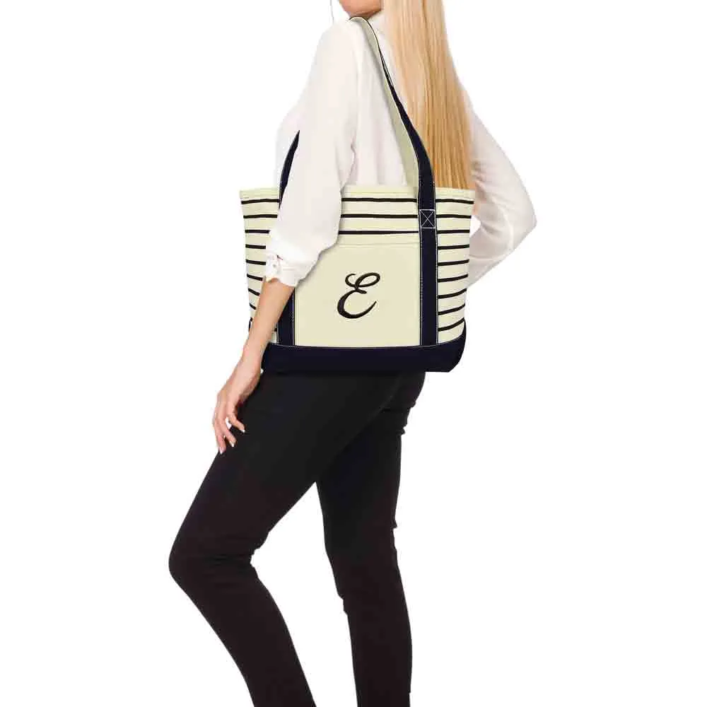 Dalix Striped E-Initial Tote Bag Womens Ballent Letter E