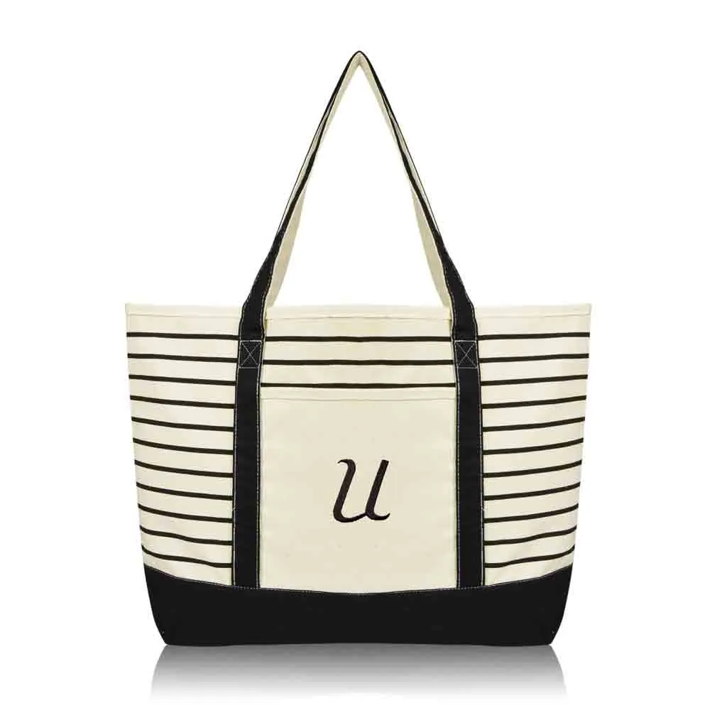 Dalix Striped U-Initial Tote Bag Womens Ballent Letter U