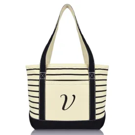 Dalix  Striped V-Initial Tote Bag Womens Ballent Letter V