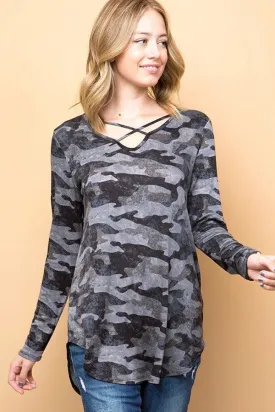 Description: PLUS SIZE CAMOUFLAGE PRINT CRISSCROSS V-NECK TOP - GREY