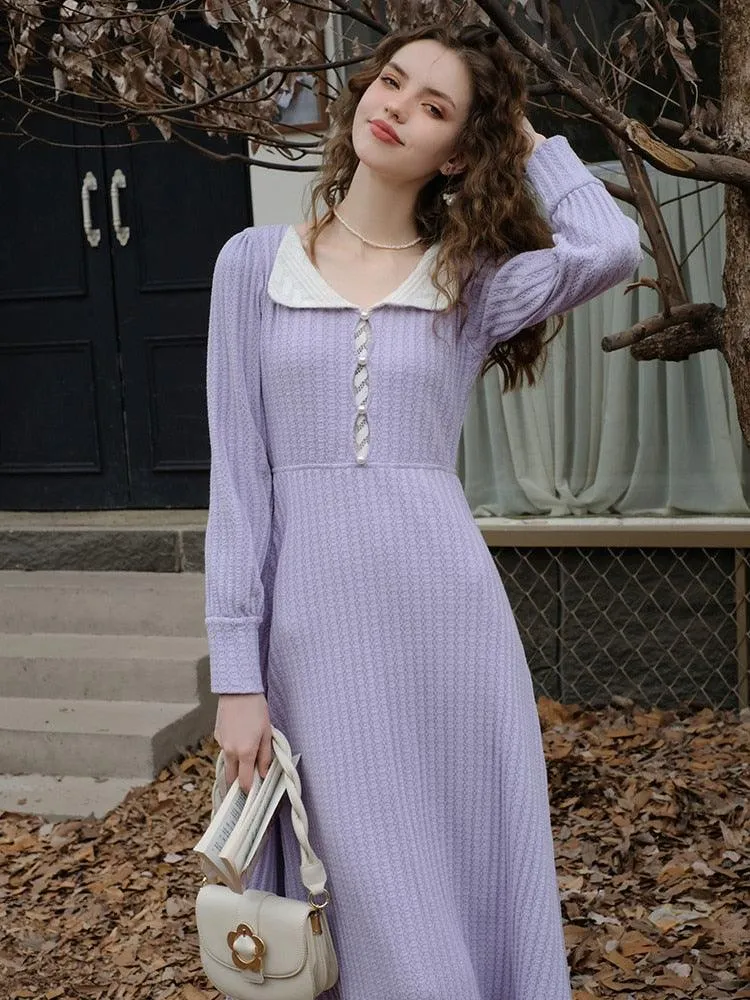 Elsie Women Vintage Elegant Slim Sexy Lace V-Neck Knitted Dress Lantern Sleeve Purple Long Dress