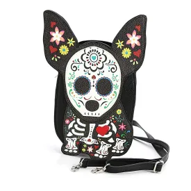 Floral Sugar Skull Dog Crossbody Handbag - Purse