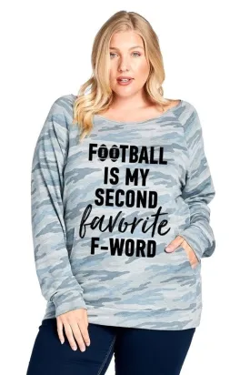 FOOTBALL IS MY SECOND FAVORITE F WORD GRAPHIC PLUS SIZE TOP - BLUE CAMO