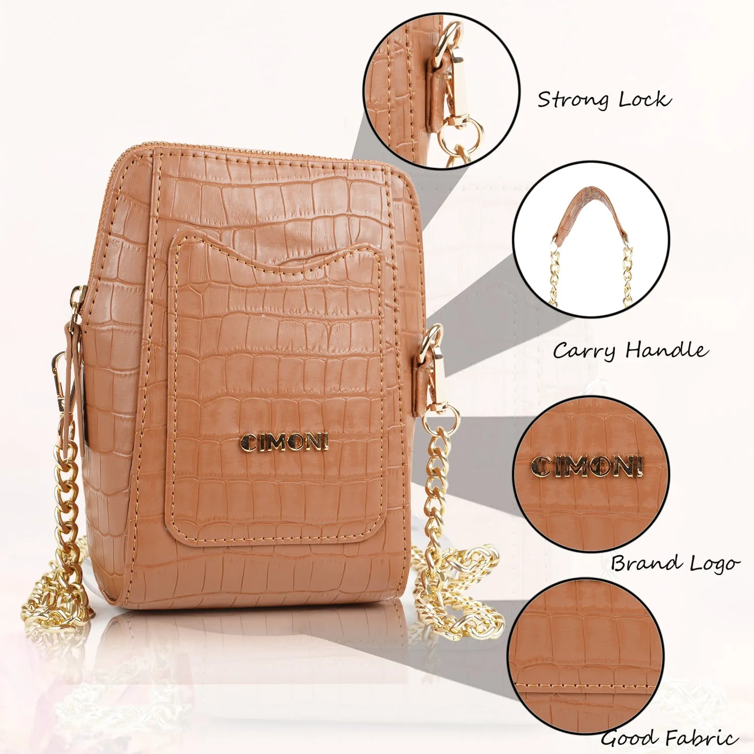 Matte Croco Tan Brown Mobile Sling Bag for Girls with Chain Strap