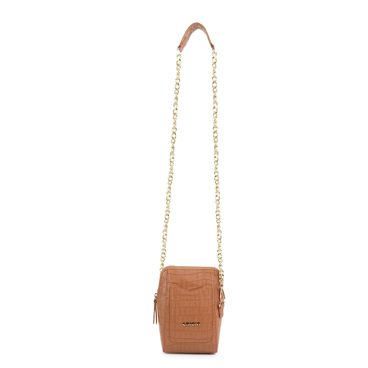 Matte Croco Tan Brown Mobile Sling Bag for Girls with Chain Strap