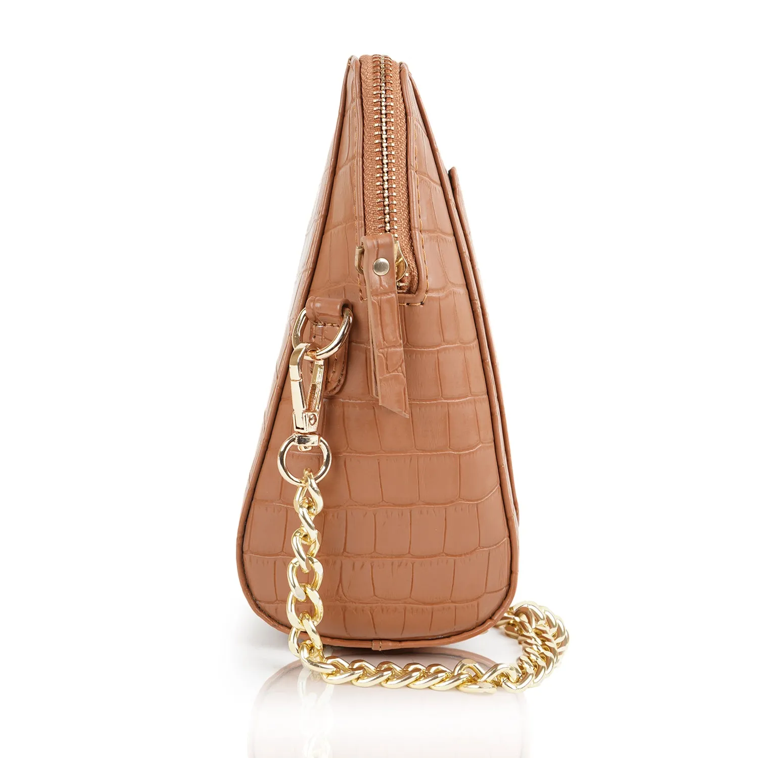 Matte Croco Tan Brown Mobile Sling Bag for Girls with Chain Strap