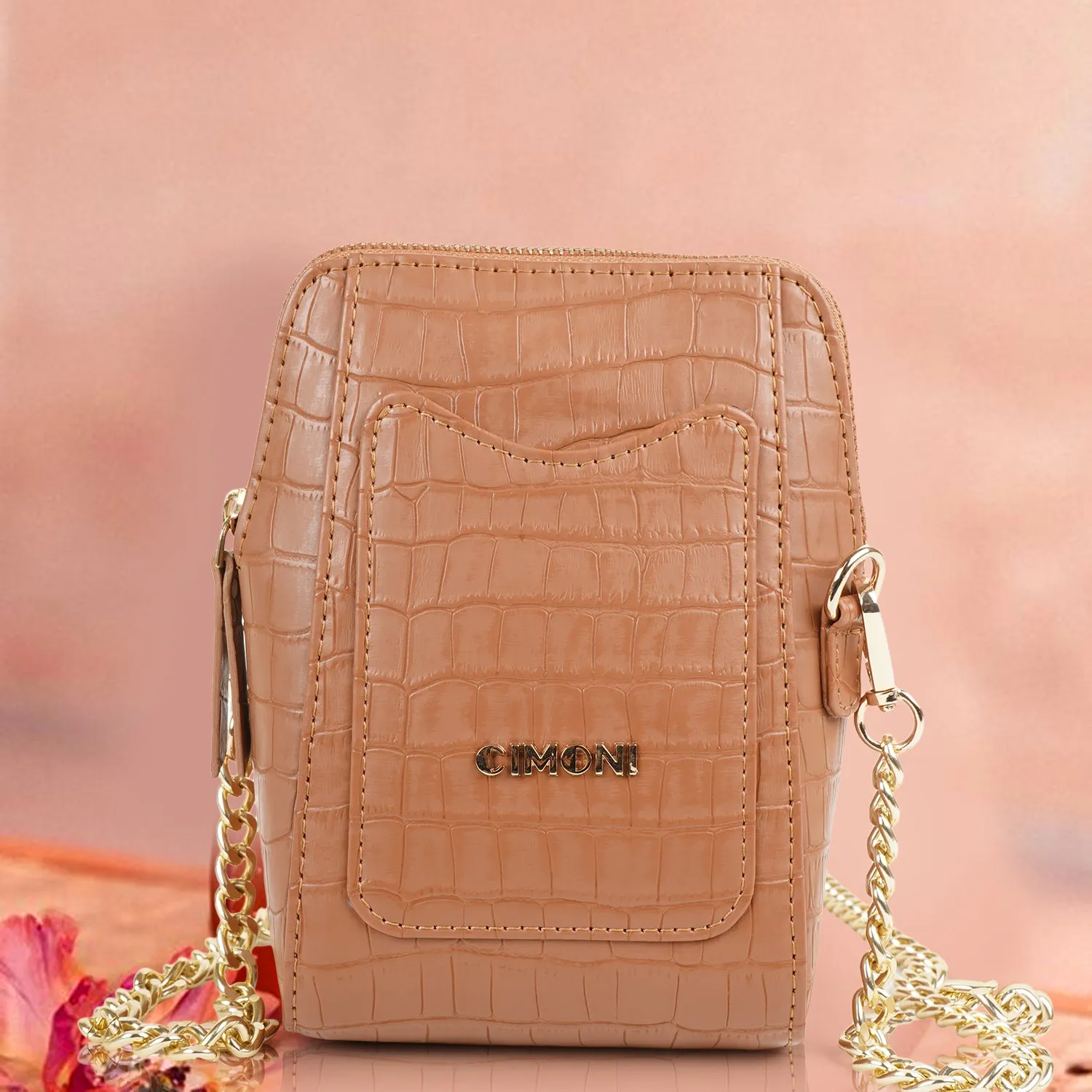 Matte Croco Tan Brown Mobile Sling Bag for Girls with Chain Strap