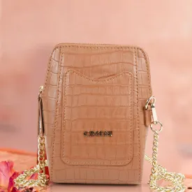 Matte Croco Tan Brown Mobile Sling Bag for Girls with Chain Strap