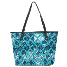 MW1160-8112 Montana West Turquoise Aztec Print Canvas Tote Bag