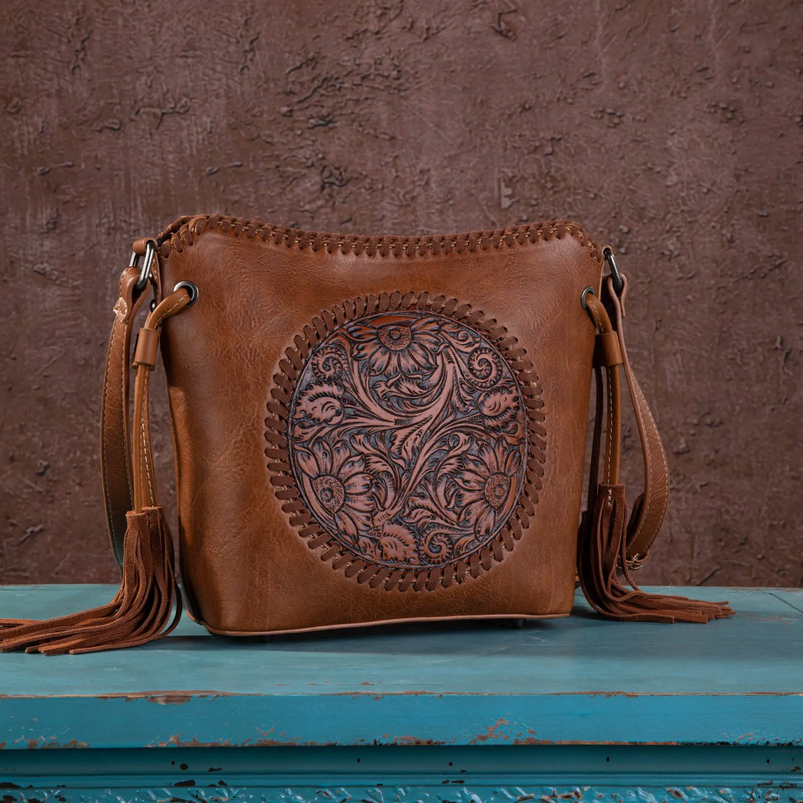 MW1218-8360 Montana West Tooled Collection Saddle Bag - Brown