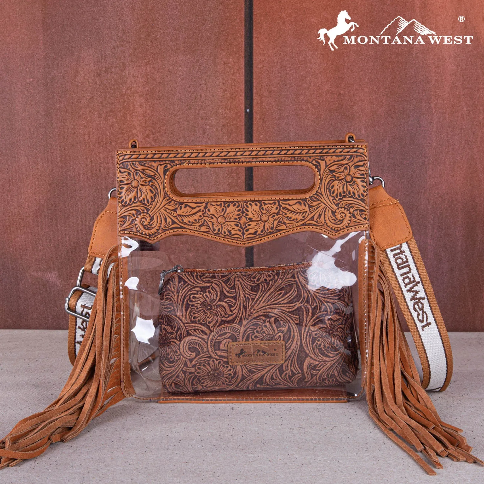 MW1251-199  Montana West Western Fringe Stadium Clear Crossbody Bag with Detachable Pouch - Light Brown