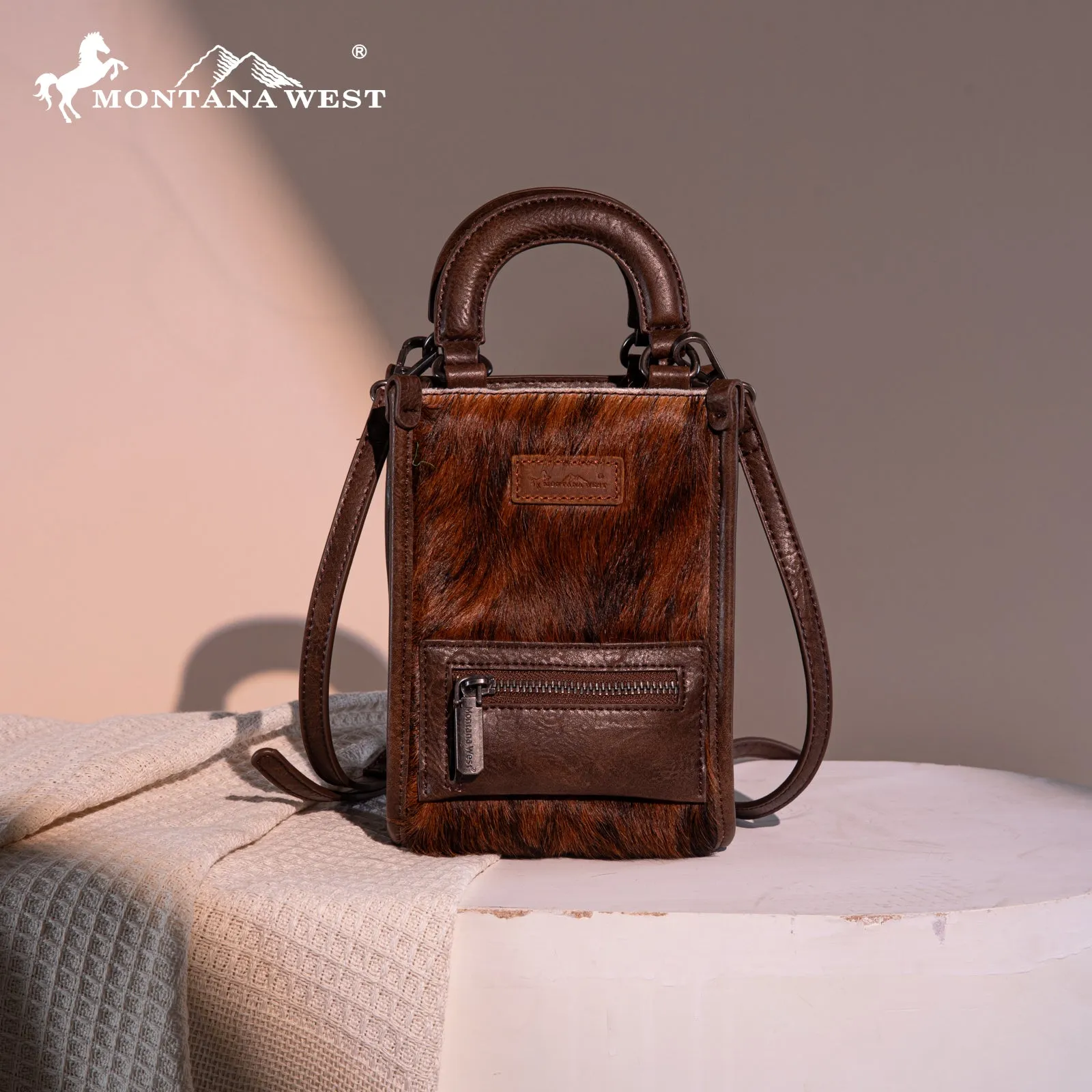 MW1311-1831  Montana West Hair-On Cowhide North South Mini Tote/Crossbody