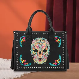 MW494G-H8120S  Montana West Embroidered Sugar Skull Tote/Crossbody - Black