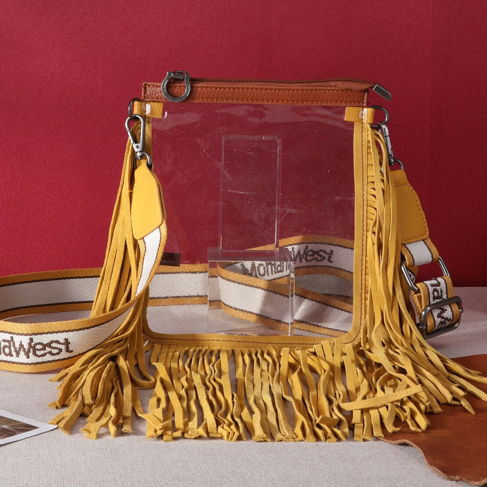 MW906-A192   Montana West Western Fringe Clear Stadium Crossbody Bag - Mustard